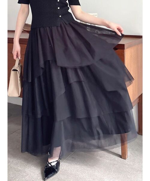 dazzlin(ダズリン)の「アシメティアードチュールスカート(スカート・レディース・ブラック/アイボリー/ブラウン・SMALL/MEDIUM)」の1枚目の写真