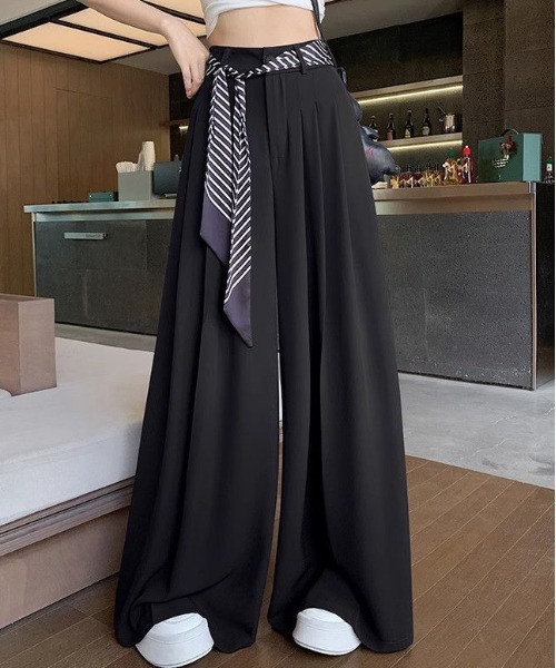 セール】スカーフベルト付きタックワイドパンツ 夏用黒パンツ