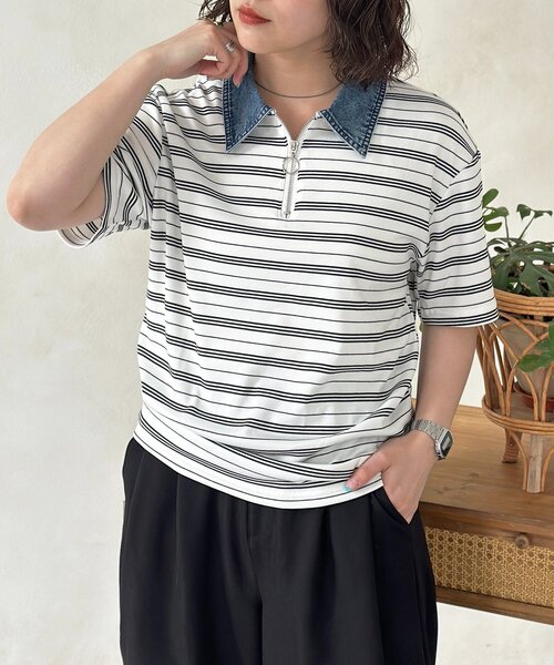 CPCM（シーピーシーエム）の「襟デニム半袖ハーフジップ（Tシャツ/カットソー・メンズ・ネイビー/ホワイト・FREE）」の2枚目の写真