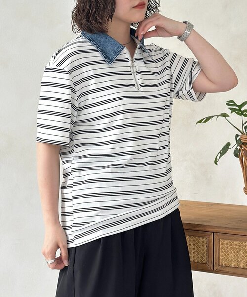 CPCM（シーピーシーエム）の「襟デニム半袖ハーフジップ（Tシャツ/カットソー・メンズ・ネイビー/ホワイト・FREE）」の16枚目の写真