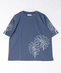 《ATELANE》ストレッチポンチ フラワープリント、ハンドステッチ、S/S Tee