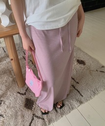 HEILIS（ヘイリス）の「ボーダー柄カットロングスカート/ロングスカート タイトスカート ボーダースカート ナロースカート Iラインスカート ウエストゴム カットソースカート ロング丈 ボーダー柄 韓国ファッション カジュアル デイリー 春服 夏服 秋服 ピンク グレー ブラッ（スカート）」