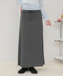 HEILIS（ヘイリス）の「ボーダー柄カットロングスカート/ロングスカート タイトスカート ボーダースカート ナロースカート Iラインスカート ウエストゴム カットソースカート ロング丈 ボーダー柄 韓国ファッション カジュアル デイリー 春服 夏服 秋服 ピンク グレー ブラッ（スカート）」
