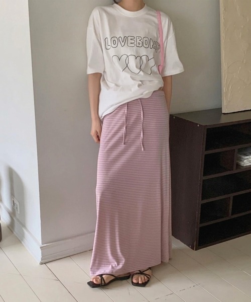 HEILIS(ヘイリス)の「ボーダー柄カットロングスカート /ロングスカート タイトスカート ボーダースカート ナロースカート Iラインスカート ウエストゴム カットソースカート ロング丈 ボーダー柄 韓国ファッション カジュアル デイリー 秋 秋服 秋コーデ 秋冬 秋冬コーデ 長袖コーデ ニットコーデ スウェットコーデ レイヤード ブラック グレー ピンク マタニティ(スカート・レディース・グレー/ブラック/ピンク・FREE)」の19枚目の写真