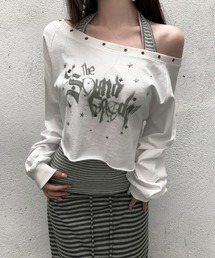 スタッズ&グラフィックプリント ホルターデザインフェイクレイヤード長袖トップス