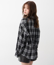 ラインストーン付バックレースアップチェック柄シャツ