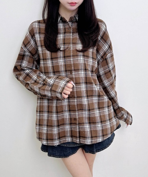 INGNI(イング)の「ラインストーン付バックレースアップチェック柄シャツ(シャツ/ブラウス・レディース・ネイビー系2/ブラック系/ブラウン系その他2・M)」の2枚目の写真