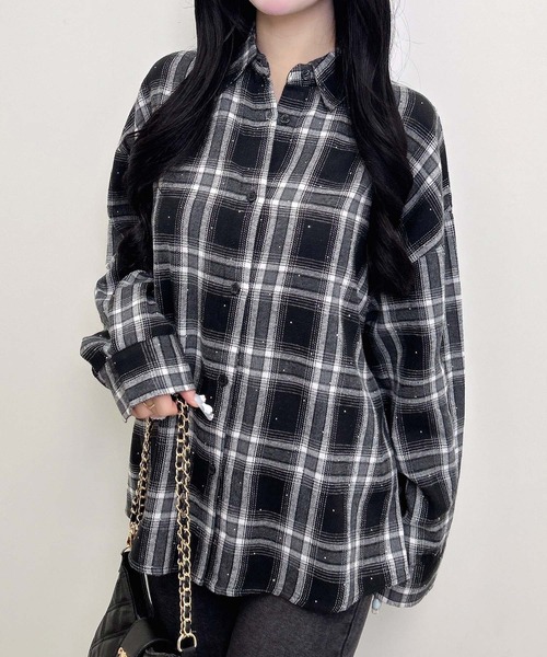 INGNI(イング)の「ラインストーン付バックレースアップチェック柄シャツ(シャツ/ブラウス・レディース・ネイビー系2/ブラック系/ブラウン系その他2・M)」の8枚目の写真