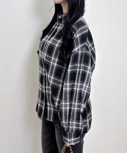 INGNI(イング)の「ラインストーン付バックレースアップチェック柄シャツ(シャツ/ブラウス・レディース・ネイビー系2/ブラック系/ブラウン系その他2・M)」の10枚目の写真