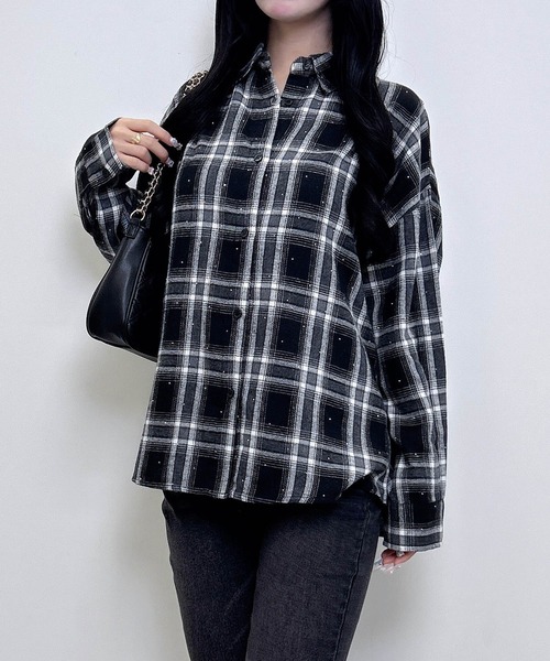 INGNI(イング)の「ラインストーン付バックレースアップチェック柄シャツ(シャツ/ブラウス・レディース・ネイビー系2/ブラック系/ブラウン系その他2・M)」の13枚目の写真