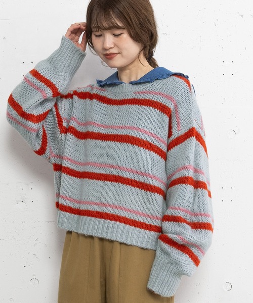 POU DOU DOU(プードゥドゥ)の「透かしマルチボーダープルオーバー(ニット/セーター・レディース・グレー/モカ・3)」の2枚目の写真