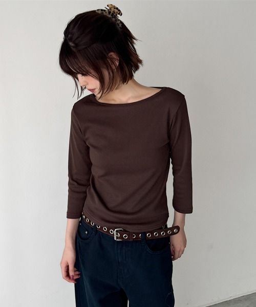 CANAL JEAN(キャナルジーン)の「bebyyou リブボート7分袖Tシャツ(Tシャツ/カットソー・レディース・ブラウン/チャコールグレー/ホワイト/ヘザーグレー/レッド・ONE SIZE)」の1枚目の写真
