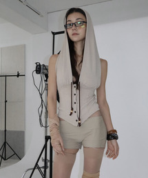 BEEDS DRAPE HOOD TOP [BEIGE]