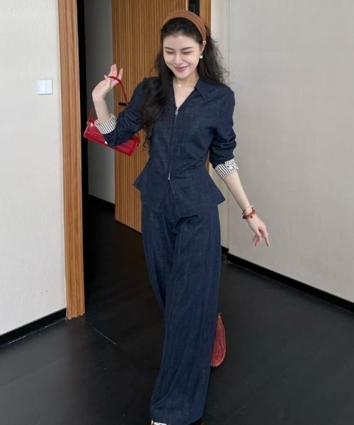 FAVORITO(ファヴォリート)の「襟付きシャツパンツセットアップ(セットアップ・レディース・ダークブルー・F)」の8枚目の写真
