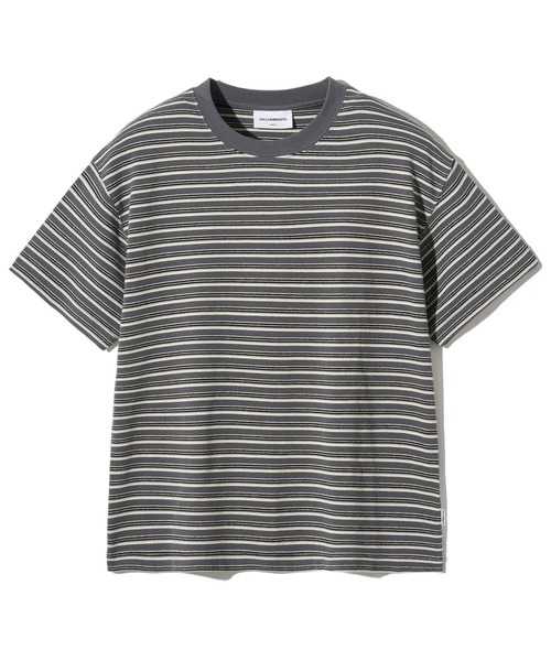 F.ILLUMINATE(フィルミネイト)の「セミクロップトーンオントーンストライプTシャツ-3カラー(Tシャツ/カットソー・レディース・グレー/ダークグレー/Olive・MEDIUM/LARGE/SMALL)」の1枚目の写真