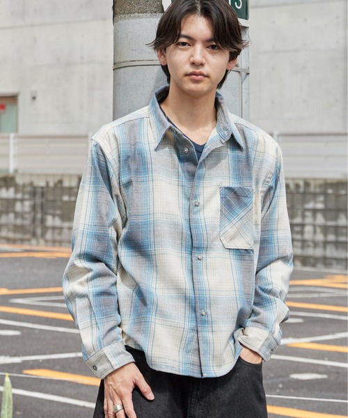 ROOPTOKYO（ループトウキョウ）の「クロップド ソフト フランネル チェックシャツ チェック柄 アウター レーヨン ユニセックス カジュアル 韓国系 2026秋冬 秋服 冬服（シャツ/ブラウス・メンズ・ホワイト/サックスブルー/マスタード・LL/M/L）」の9枚目の写真
