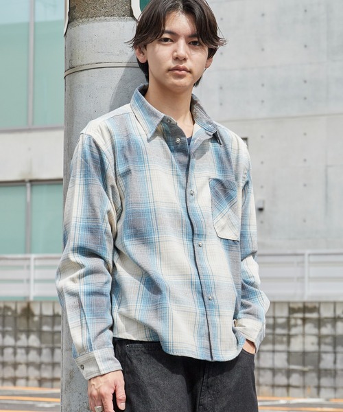 ROOPTOKYO（ループトウキョウ）の「クロップド ソフト フランネル チェックシャツ チェック柄 アウター レーヨン ユニセックス カジュアル 韓国系 2026秋冬 秋服 冬服（シャツ/ブラウス・メンズ・ホワイト/サックスブルー/マスタード・LL/M/L）」の11枚目の写真