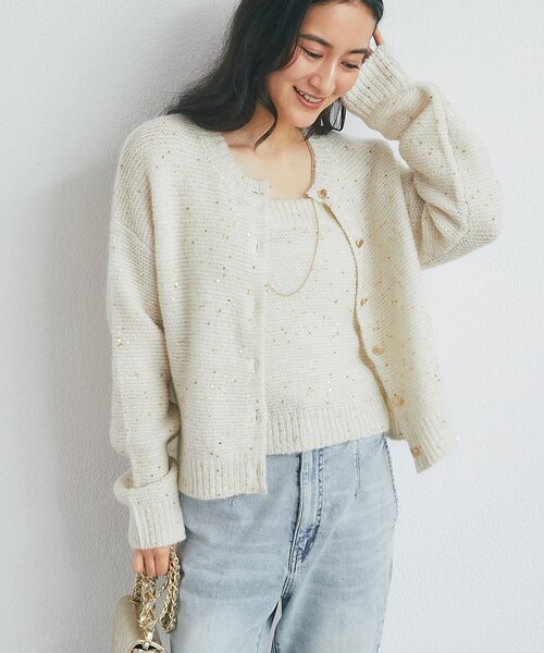 La boutique BonBon(ラブティックボンボン)の「スパンコールモヘヤカーディガン(アンサンブル・レディース・グレー/ピンク/オフホワイト・FREE)」の1枚目の写真