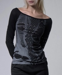 【FANCY CLUB】WEB STUD OFF-SHOULDER / 【ファンシークラブ】ウェブスタッドオフショルダー長袖Tシャツ