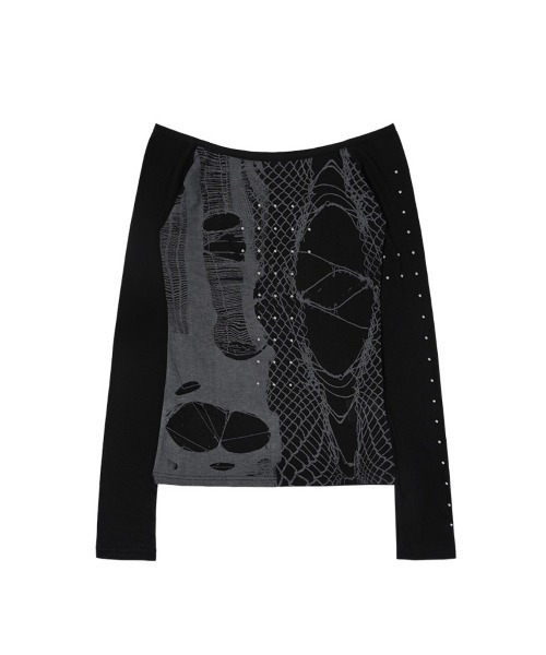 FANCY CLUB（ファンシークラブ）の「【FANCY CLUB】WEB STUD OFF-SHOULDER / 【ファンシークラブ】ウェブスタッドオフショルダー長袖Tシャツ（Tシャツ/カットソー・レディース・ブラック/ホワイト・ONE SIZE）」の11枚目の写真
