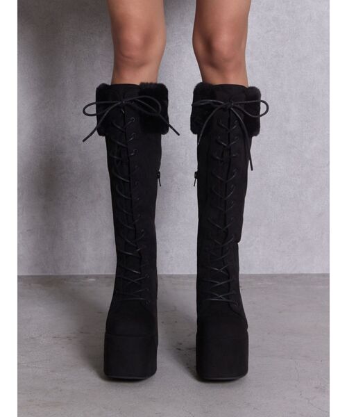 GYDA(ジェイダ)の「フェイクファードッキングレースアップチャンキーブーツ(ブーツ・レディース・ブラック/ベージュ・SMALL/MEDIUM/LARGE)」の9枚目の写真