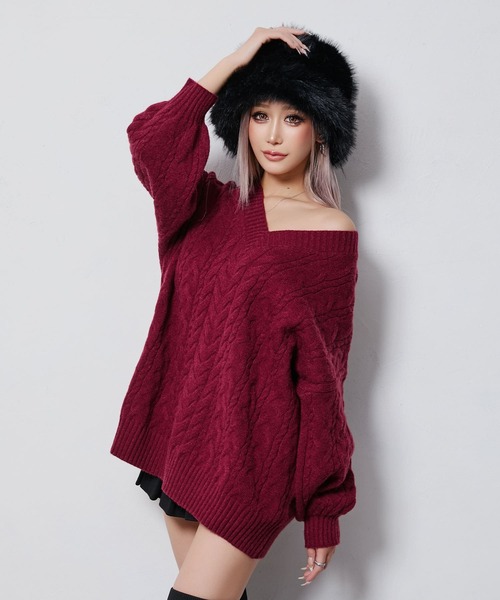 BLACKQUEEN(ブラッククイーン)の「【BLACKQUEEN】Vネックオーバーニット(ニット/セーター・レディース・モカ/ホワイト/ブラック/ボルドー・M)」の4枚目の写真