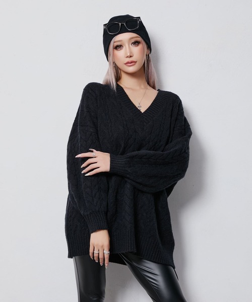 BLACKQUEEN(ブラッククイーン)の「【BLACKQUEEN】Vネックオーバーニット(ニット/セーター・レディース・モカ/ホワイト/ブラック/ボルドー・M)」の12枚目の写真
