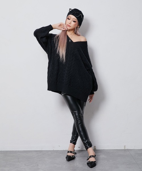 BLACKQUEEN(ブラッククイーン)の「【BLACKQUEEN】Vネックオーバーニット(ニット/セーター・レディース・モカ/ホワイト/ブラック/ボルドー・M)」の15枚目の写真