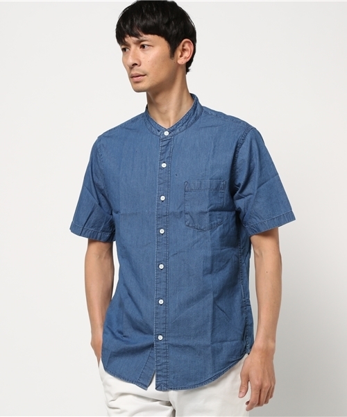 GLOBAL WORK（グローバルワーク）の「デニムバンドカラーシャツ半袖/717322（シャツ/ブラウス・メンズ・ライトブルー/ネイビー・X-LARGE/MEDIUM/LARGE/SMALL）」の2枚目の写真