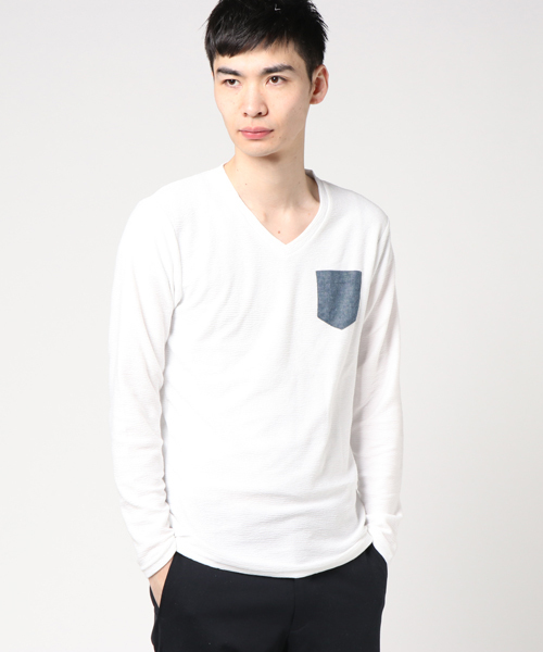 VENCEEXCHANGE（ヴァンスエクスチェンジ）の「変形天竺ＶネックロンＴ       （Tシャツ/カットソー・メンズ・ブラック/オフホワイト・MEDIUM/LARGE）」の10枚目の写真