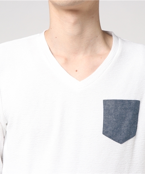 VENCEEXCHANGE（ヴァンスエクスチェンジ）の「変形天竺ＶネックロンＴ       （Tシャツ/カットソー・メンズ・ブラック/オフホワイト・MEDIUM/LARGE）」の5枚目の写真