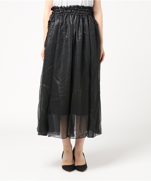 earth music&ecology（アースミュージックアンドエコロジー）の「・ウエストギャザーシフォンロングスカート（スカート・レディース・ベージュ/ブラック/ライトグレー・FREE）」の4枚目の写真