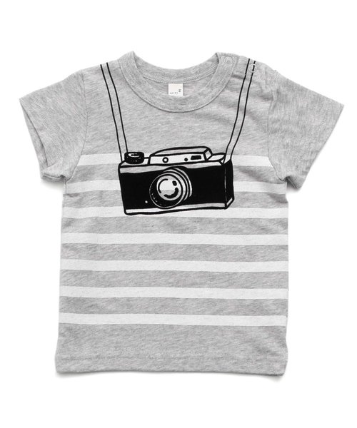 apres les cours(アプレレクール)の「ボーダーカメラTシャツ(Tシャツ/カットソー・キッズ・ターコイズブルー/グレー/オフホワイト・80/130/140/120/110/100/90)」の1枚目の写真