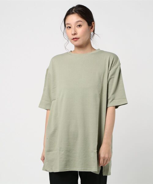 STYLEBLOCK（スタイルブロック）の「カットジャガードビッグシルエットTシャツ（Tシャツ/カットソー・レディース・カーキ/ネイビー/ホワイト/グレー・FREE）」の3枚目の写真