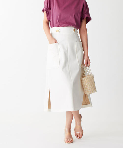 EMMEL REFINES（エメルリファインズ）の「SMF コットンツイル フロントチェーンスカート（スカート・レディース・ベージュ/オフホワイト/オリーブ・S/M/XS）」の2枚目の写真