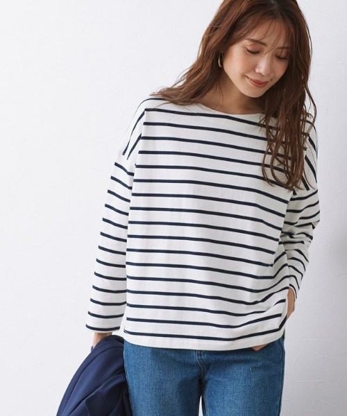 Pierrot(ピエロ)の「綿100%ボートネックカットソー(Tシャツ/カットソー・レディース・ホワイト×ネイビー/ライトベージュ/ネイビー×ホワイト/ネイビー/オフホワイト・M/L)」の8枚目の写真