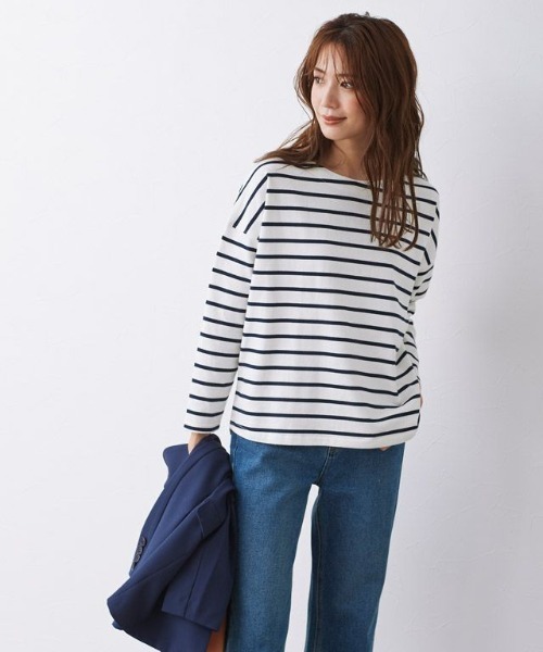 Pierrot(ピエロ)の「綿100%ボートネックカットソー(Tシャツ/カットソー・レディース・ホワイト×ネイビー/ライトベージュ/ネイビー×ホワイト/ネイビー/オフホワイト・M/L)」の11枚目の写真