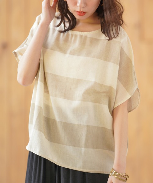 rps（アールピーエス）の「綿麻ボーダーブラウス（シャツ/ブラウス・レディース・チャコールグレー/ベージュ/パープル/イエロー/ブルー/グリーン・M）」の3枚目の写真