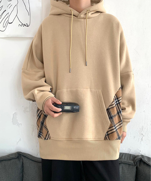 neos(ネオス)の「【neos -addictive design-】ルーズシルエット 裏起毛 チェック ドロップショルダー プルオーバー(パーカー・メンズ・ホワイト/ブラック/ベージュ・MEDIUM/LARGE)」の3枚目の写真