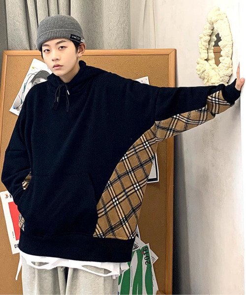 neos(ネオス)の「【neos -addictive design-】ルーズシルエット 裏起毛 チェック ドロップショルダー プルオーバー(パーカー・メンズ・ホワイト/ブラック/ベージュ・MEDIUM/LARGE)」の2枚目の写真
