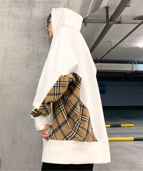 neos(ネオス)の「【neos -addictive design-】ルーズシルエット 裏起毛 チェック ドロップショルダー プルオーバー(パーカー・メンズ・ホワイト/ブラック/ベージュ・MEDIUM/LARGE)」の10枚目の写真