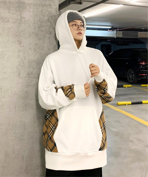 neos(ネオス)の「【neos -addictive design-】ルーズシルエット 裏起毛 チェック ドロップショルダー プルオーバー(パーカー・メンズ・ホワイト/ブラック/ベージュ・MEDIUM/LARGE)」の5枚目の写真