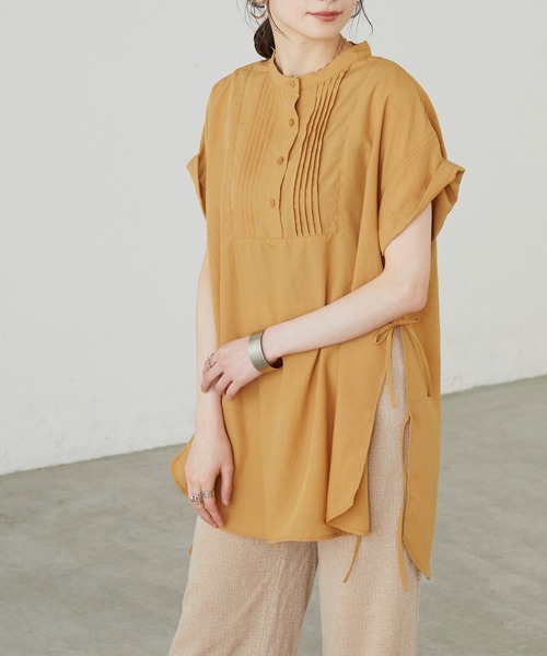 BONLECILL（ボンルシール）の「サイドリボン バンドカラーフレンチスリーブブラウス（シャツ/ブラウス・レディース・ブラック/ベージュ/オフホワイト/イエロー・FREE）」の4枚目の写真