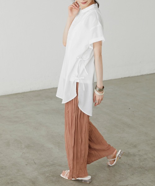 BONLECILL（ボンルシール）の「サイドリボン バンドカラーフレンチスリーブブラウス（シャツ/ブラウス・レディース・ブラック/ベージュ/オフホワイト/イエロー・FREE）」の7枚目の写真