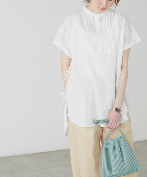 BONLECILL（ボンルシール）の「サイドリボン バンドカラーフレンチスリーブブラウス（シャツ/ブラウス・レディース・ブラック/ベージュ/オフホワイト/イエロー・FREE）」の8枚目の写真