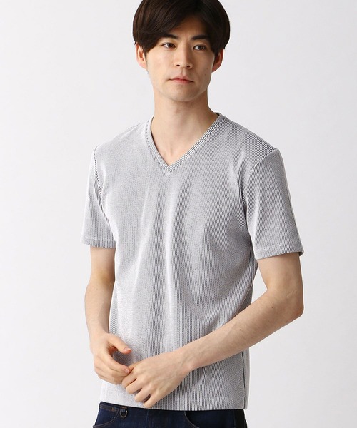 HIDEAWAYS NICOLE(ハイダウェイニコル)の「サッカ-ストライプVネックTシャツ(Tシャツ/カットソー・メンズ・ブラック/ホワイト/ネイビー/その他1・X-LARGE/MEDIUM/LARGE)」の4枚目の写真