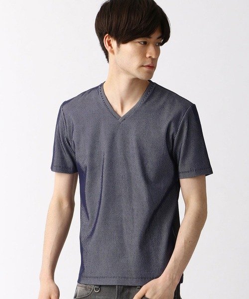 HIDEAWAYS NICOLE(ハイダウェイニコル)の「サッカ-ストライプVネックTシャツ(Tシャツ/カットソー・メンズ・ブラック/ホワイト/ネイビー/その他1・X-LARGE/MEDIUM/LARGE)」の1枚目の写真