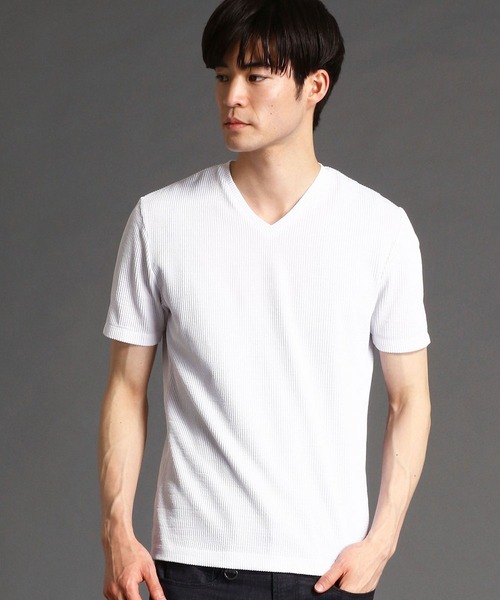 HIDEAWAYS NICOLE(ハイダウェイニコル)の「サッカ-ストライプVネックTシャツ(Tシャツ/カットソー・メンズ・ブラック/ホワイト/ネイビー/その他1・X-LARGE/MEDIUM/LARGE)」の2枚目の写真