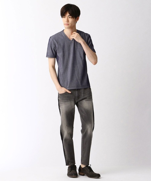 HIDEAWAYS NICOLE(ハイダウェイニコル)の「サッカ-ストライプVネックTシャツ(Tシャツ/カットソー・メンズ・ブラック/ホワイト/ネイビー/その他1・X-LARGE/MEDIUM/LARGE)」の14枚目の写真