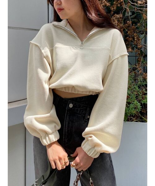 EVRIS（エヴリス）の「ハーフジップワッフルスウェットTOPS（スウェット・レディース・ブラック/グリーン/アイボリー・FREE）」の10枚目の写真